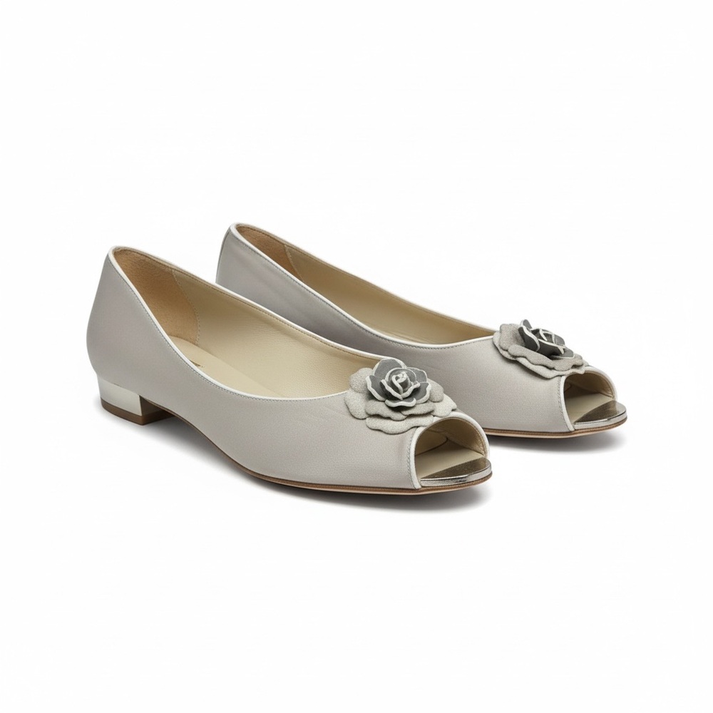 R & Renzi ❁ Mirror Peep Toe Flats with Camellia ❁ Silver Graphite ❁ 38 7.5M 8M ❁ - Picture 1 of 16